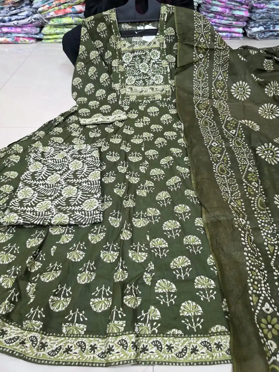 Olive Green Anarkali Pattern With Dabu Print & Hand Work By ASC