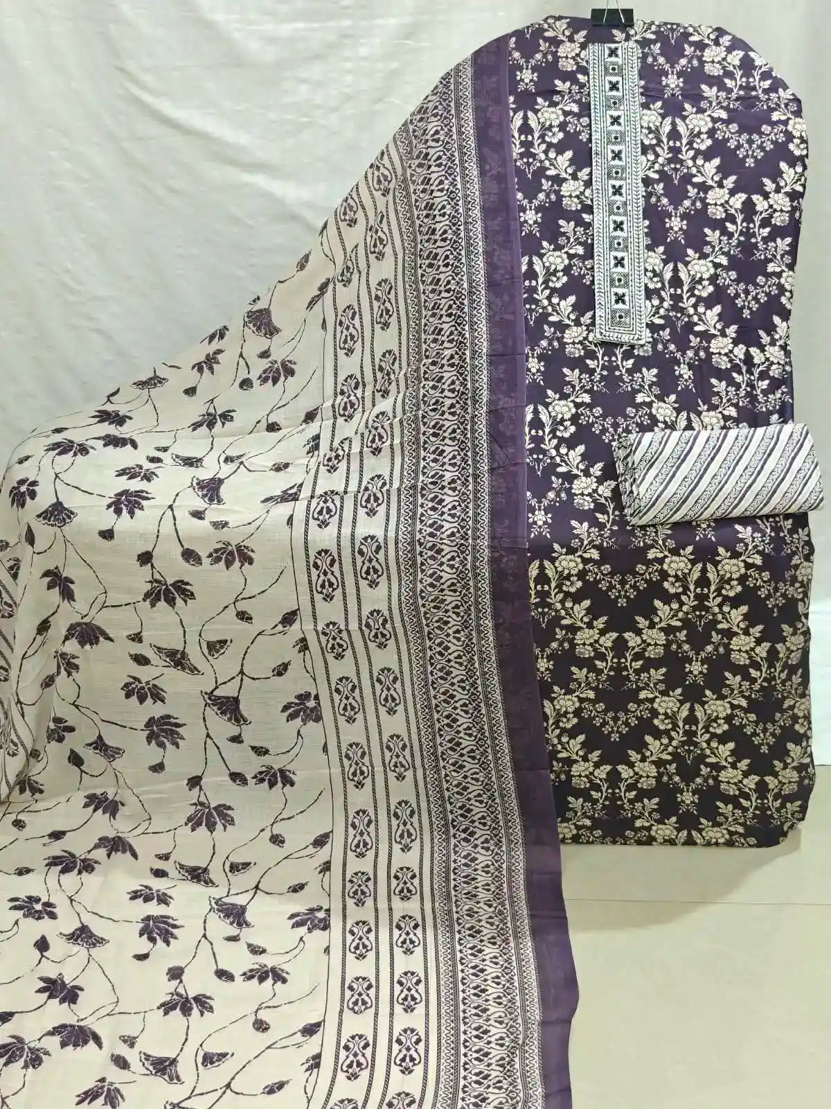 PURPLE Floral Print Cotton Unstitched Suit with Printed Dupatta