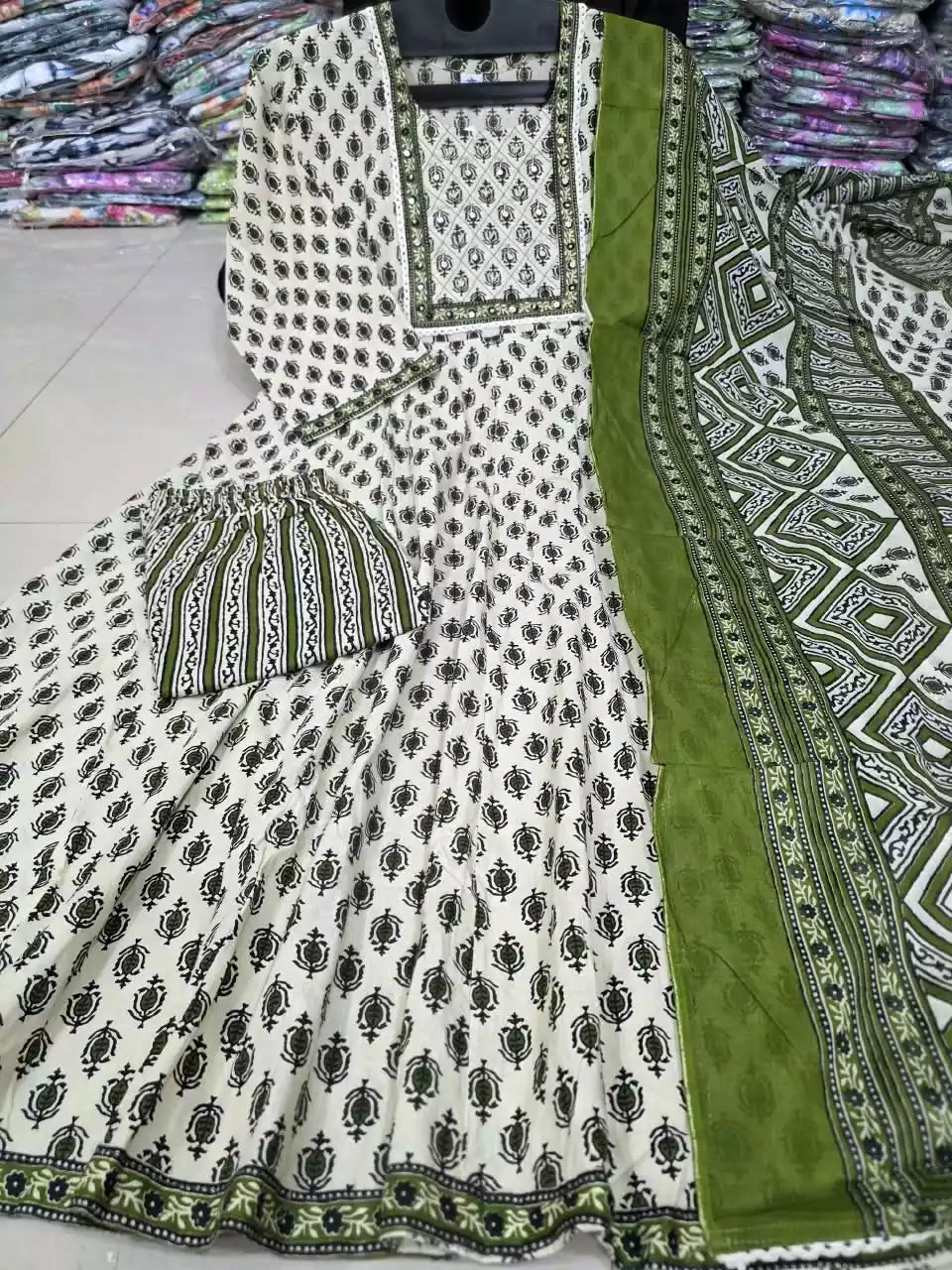 Olive Green Anarkali Pattern With Classic Jaipuri Buti Print & Hand Work By ASC