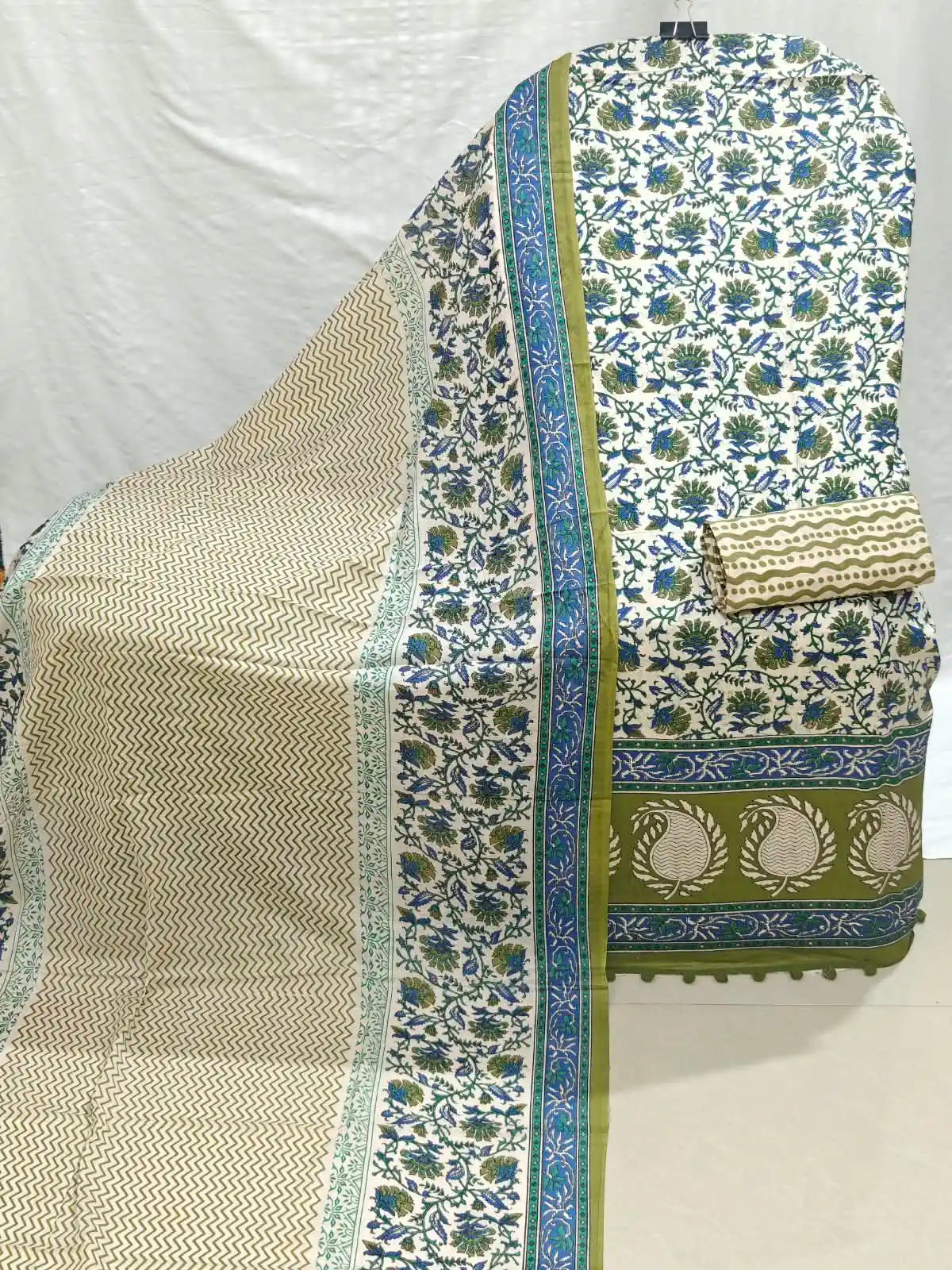 Blue and Green Traditional Jaipuri Floral  Print Cotton Unstitched Suit