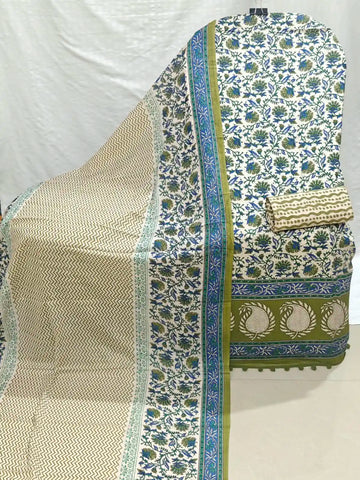 Blue and Green Traditional Jaipuri Floral  Print Cotton Unstitched Suit