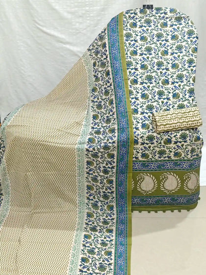 Blue and Green Traditional Jaipuri Floral  Print Cotton Unstitched Suit