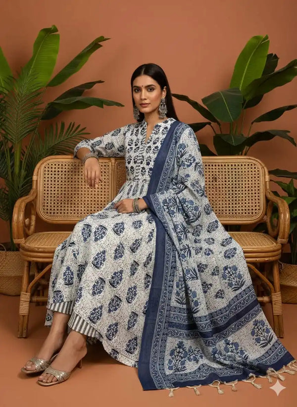 Frock With Neck Yoke Patch, Block Print Cream Color With Cotton Pant & Mal Dupatta
