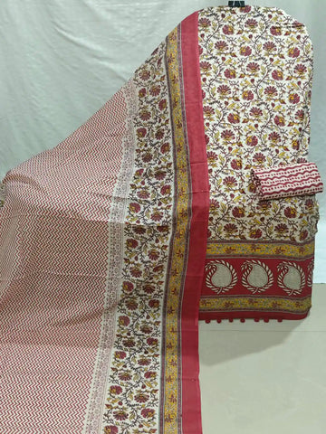 Red Traditional Jaipuri Floral  Print Cotton Unstitched Suit