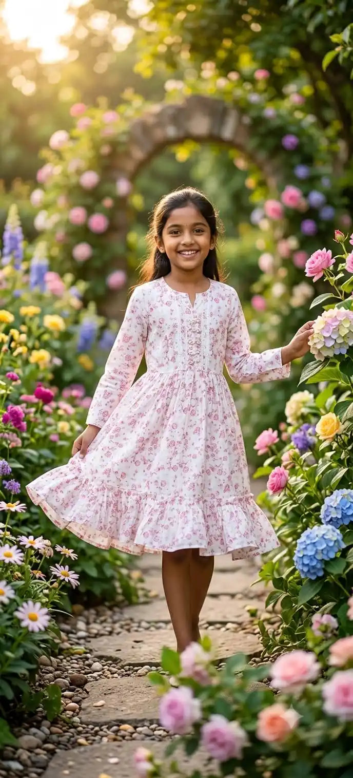 A young girl smiling gently while walking down a garden path, wearing a soft pastel pink dress with fine white booti prints and lace details on the neck.
