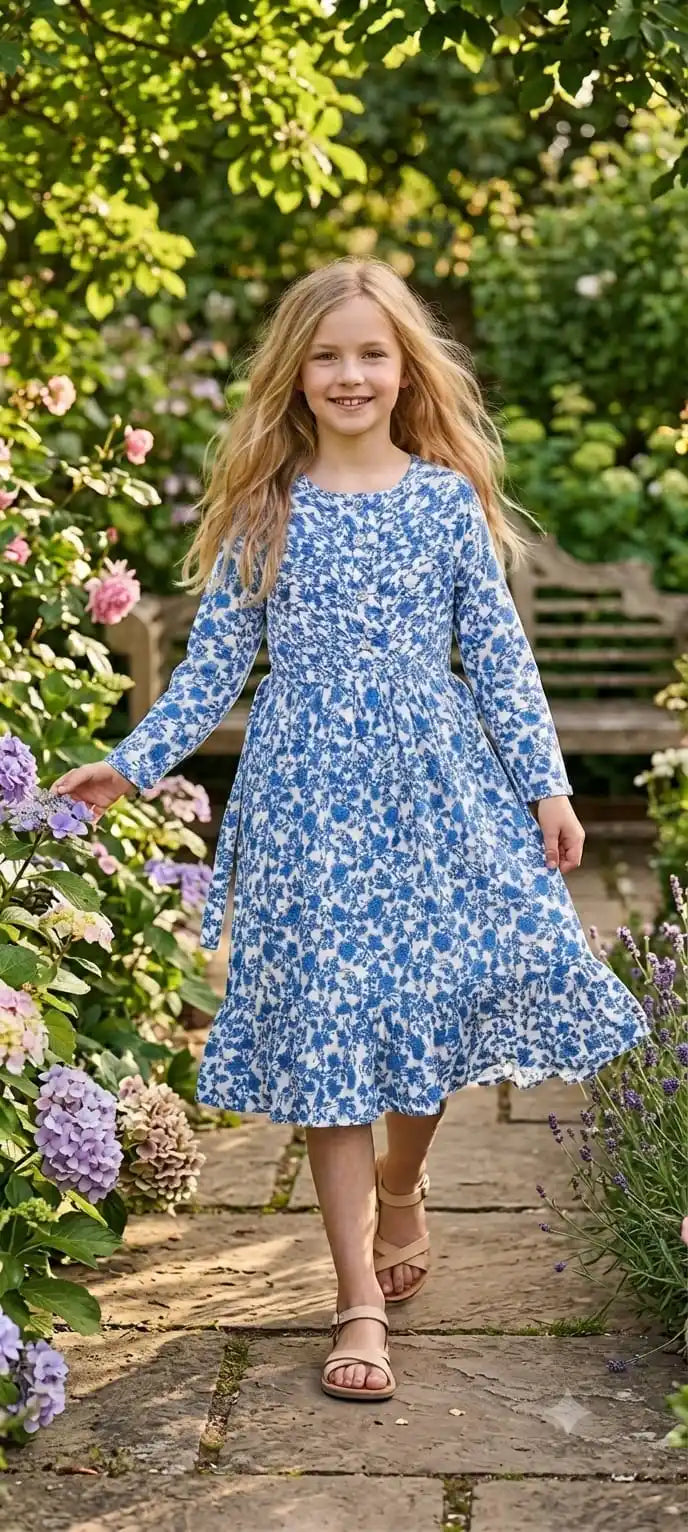 A blonde young girl walking forward on a stone pathway, wearing a vibrant royal blue long-sleeve frock with an all-over white floral jaal print.