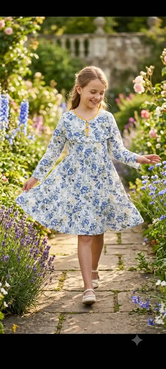 A young girl with light brown hair smiling while walking on a stone path, wearing a white long-sleeve frock with dense blue flower prints and a yellow ruffled neckline collar.