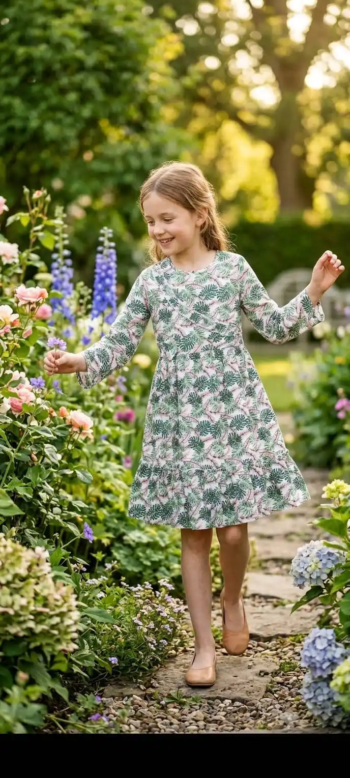 A young girl walking down a garden path, holding a purple flower and wearing a white long-sleeve dress covered in vibrant green monstera leaf prints.