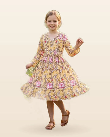 Yellow Traditional Floral Flare Indo Western Frock by ASC