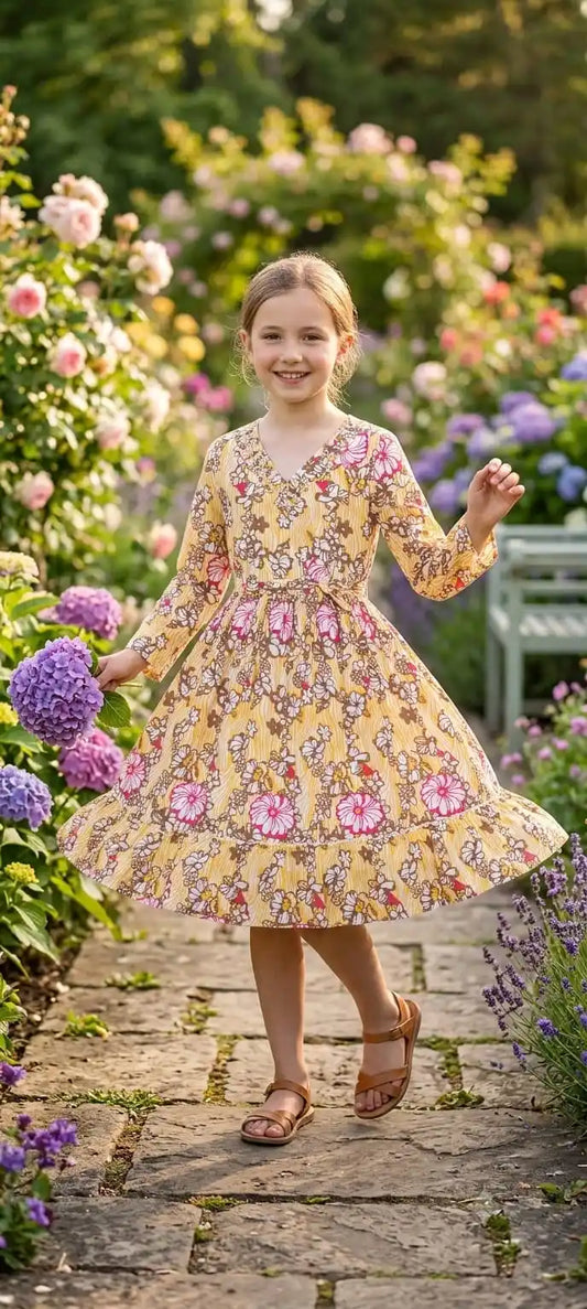 A smiling girl posing on a garden stone walkway, wearing a bright yellow dress with intricate pink and brown traditional floral bootis.