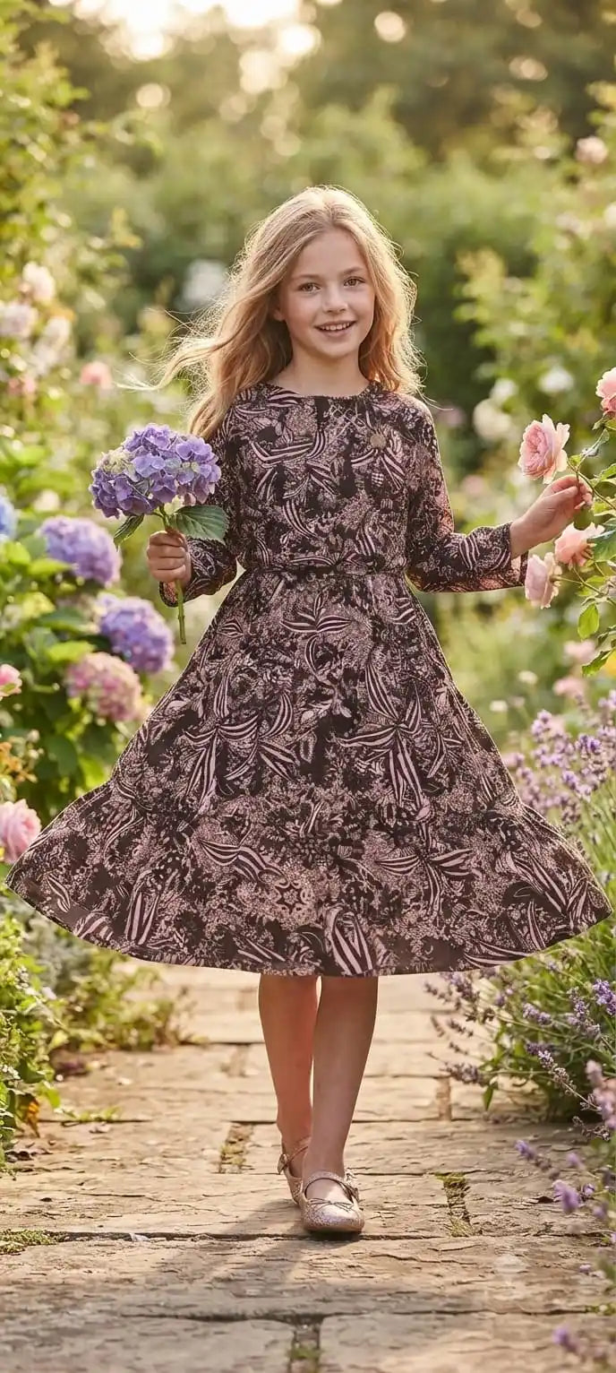 A blonde young girl smiling in a garden while holding a purple hydrangea flower, wearing a dark maroon dress with a dense abstract beige leaf pattern.