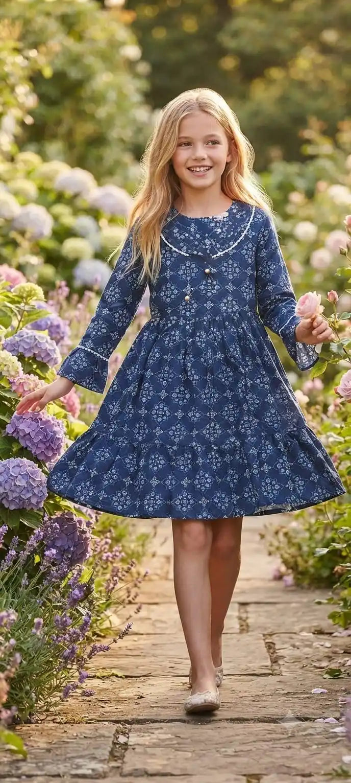 A blonde girl smiling and holding a pink rose while walking on a pathway, wearing a navy blue dress with fine white geometric tile patterns and lace-trimmed bell sleeves.
