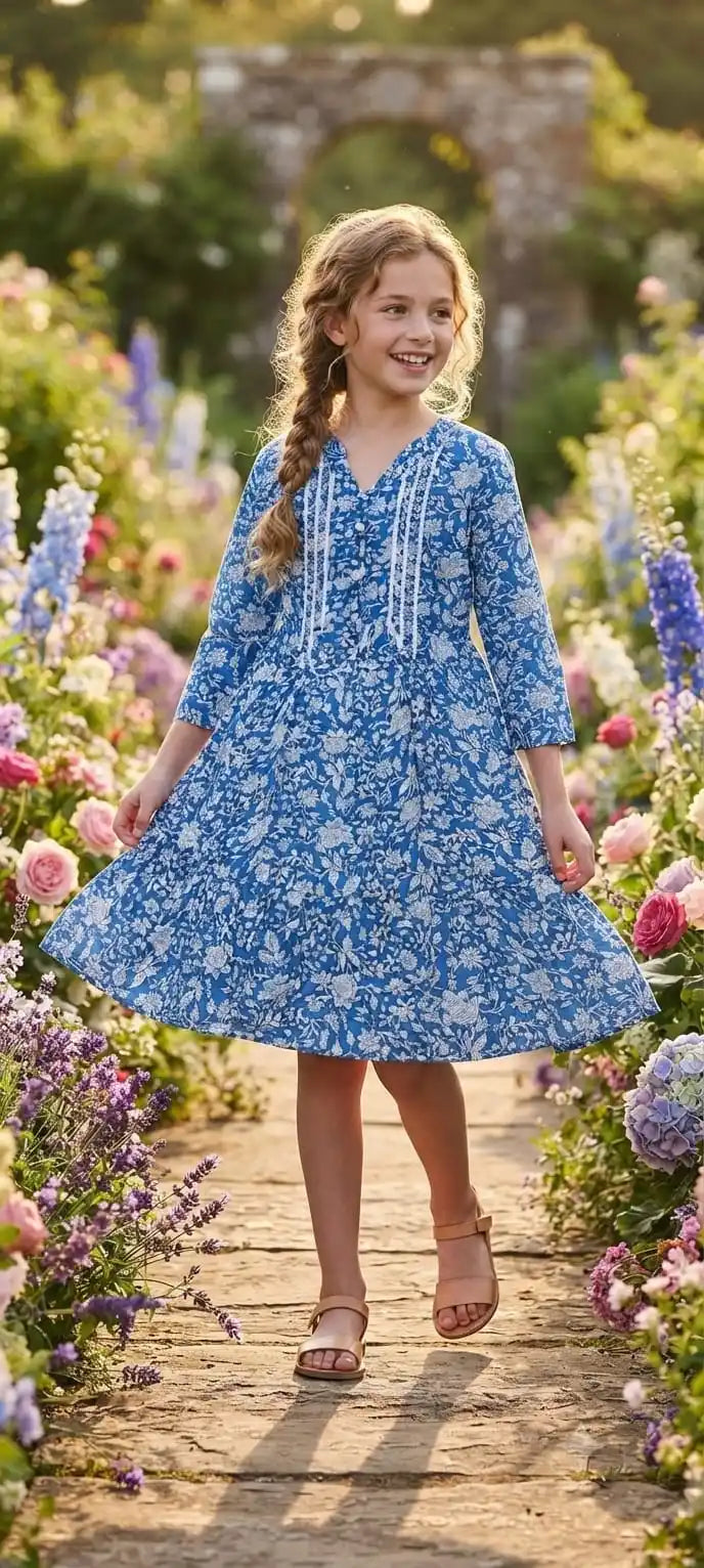 A young girl with a long braid walking forward on a stone path, wearing a vibrant indigo blue dress with fine white floral jaal prints and white lace borders on the chest.