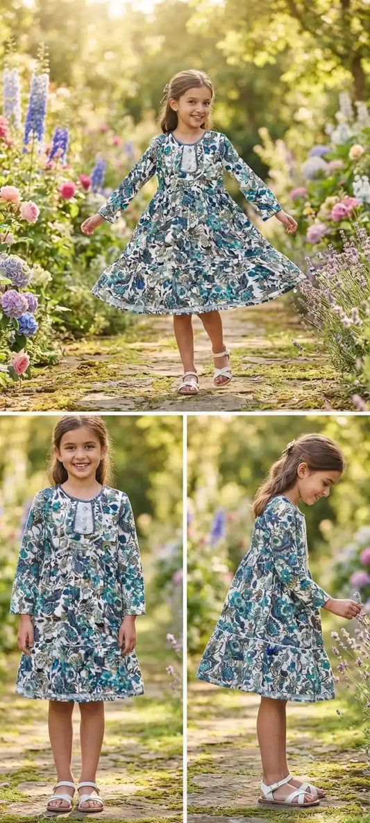 A young girl in a sunlit garden wearing a teal and blue abstract floral print flared frock with long sleeves, spinning happily on a stone pathway.