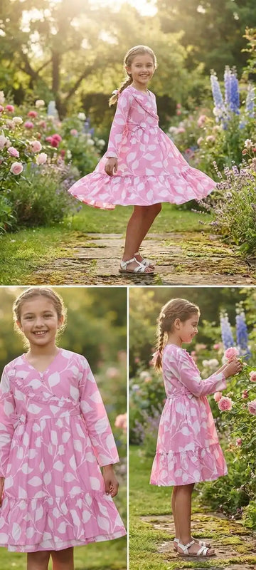 Pastel Pink Wrap-Style Leaf Print Frock By ASC