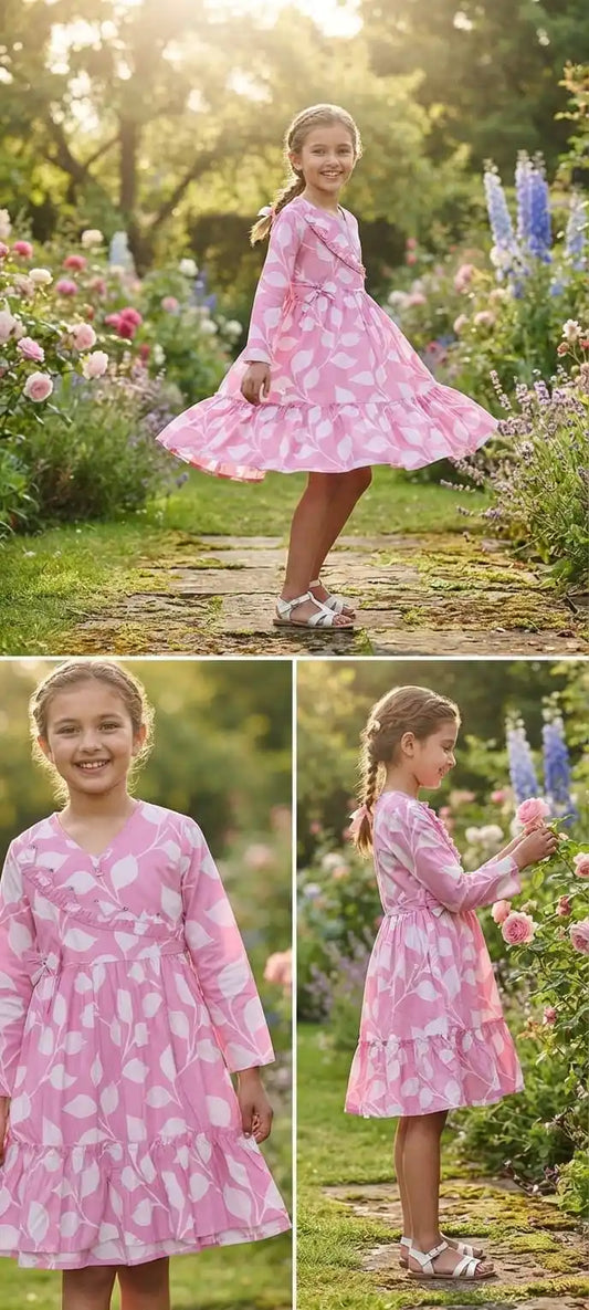 Side view of a smiling young girl in a pink wrap-style flared dress with white leaf patterns, standing in a lush rose garden.