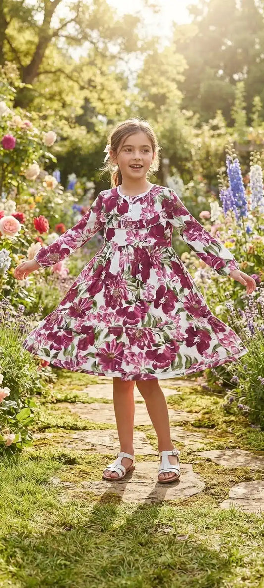 Full-length shot of a girl spinning in a white dress featuring prominent burgundy and deep pink floral patterns, set against a background of blooming flowers.