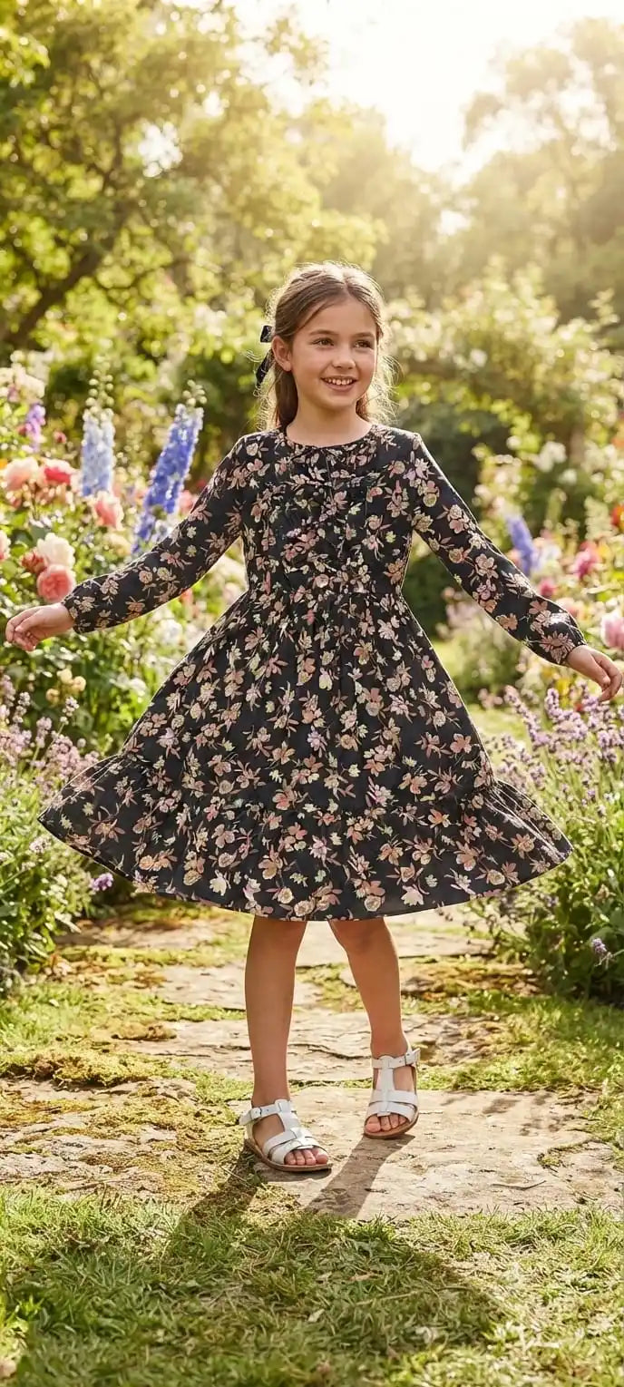 A young girl happily posing in a black long-sleeve dress with delicate peach and cream mini-floral patterns in a bright outdoor garden.