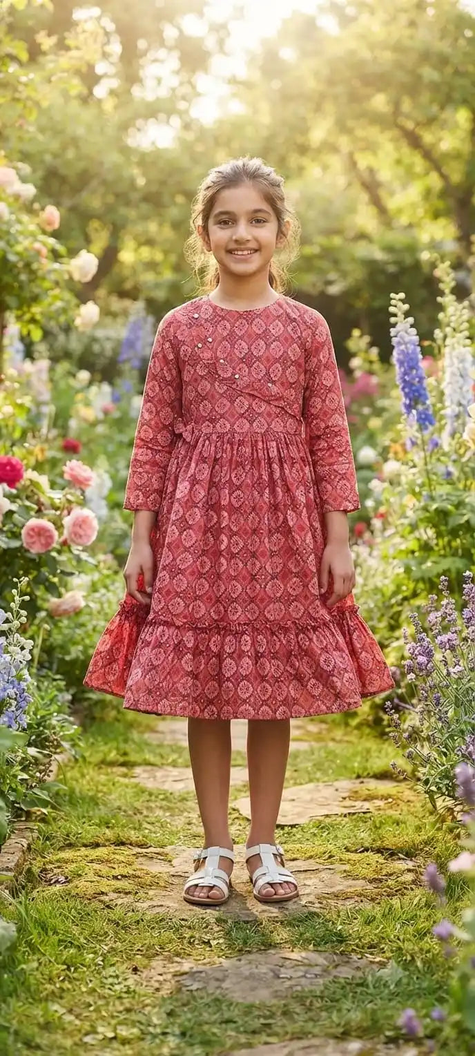Front view of a smiling girl standing on a stone path wearing a rust-red dress with a traditional geometric diamond motif print.