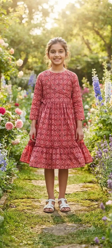 Ethnic Rust Red Geometric Print Traditional Cotton Frock By ASC