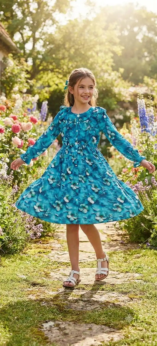A young girl spinning on a garden path, showcasing a vibrant ocean blue dress with white and light blue watercolor floral prints.