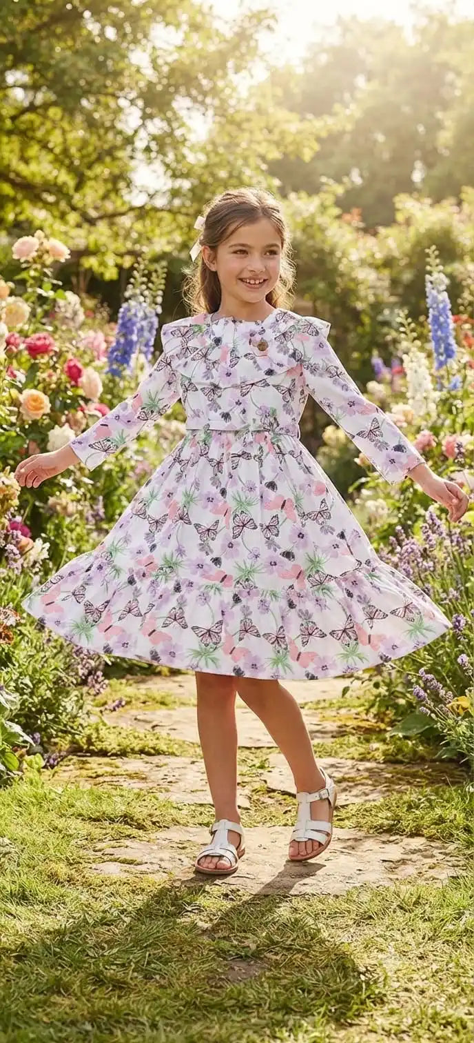 A young girl in a white summer dress adorned with lavender butterflies and soft purple floral prints, posing in a sunny garden.