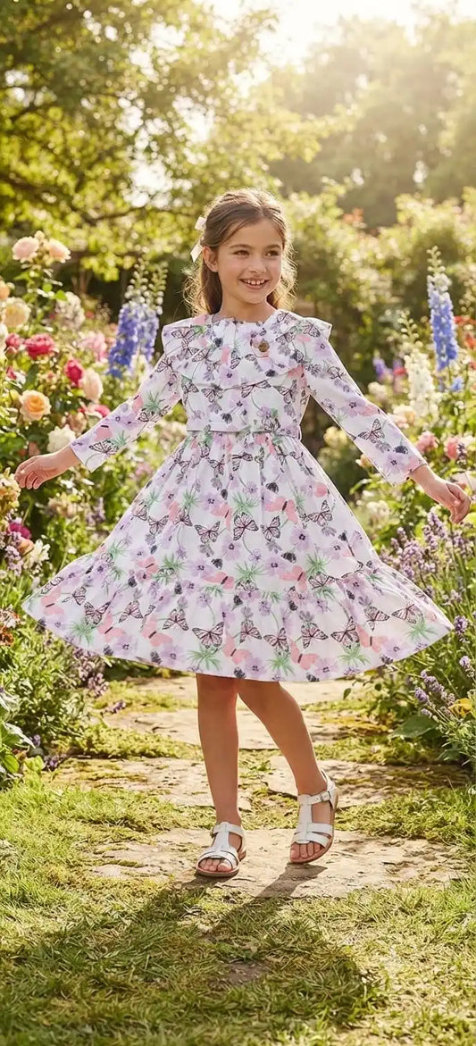 A young girl in a white summer dress adorned with lavender butterflies and soft purple floral prints, posing in a sunny garden.