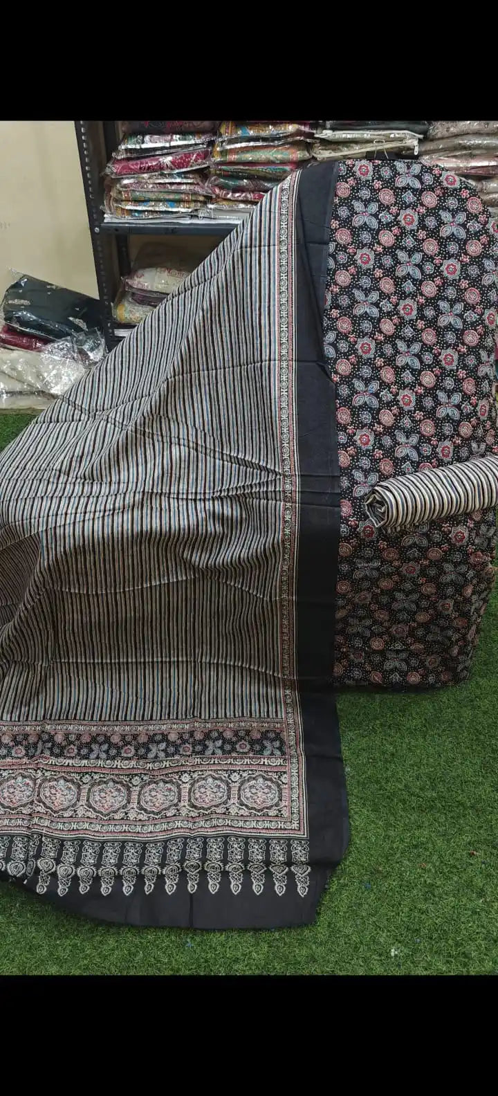 Traditional Black Ajrakh Cotton Suit Material with Geometric Motif Kurta and Striped Bottom