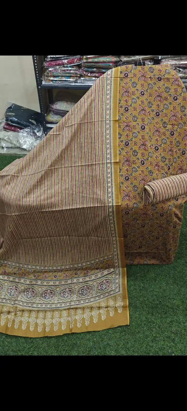 Golden Earth Artisanal Ajrakh Dress Material Featuring Heritage Mud-Resist Handblock Borders