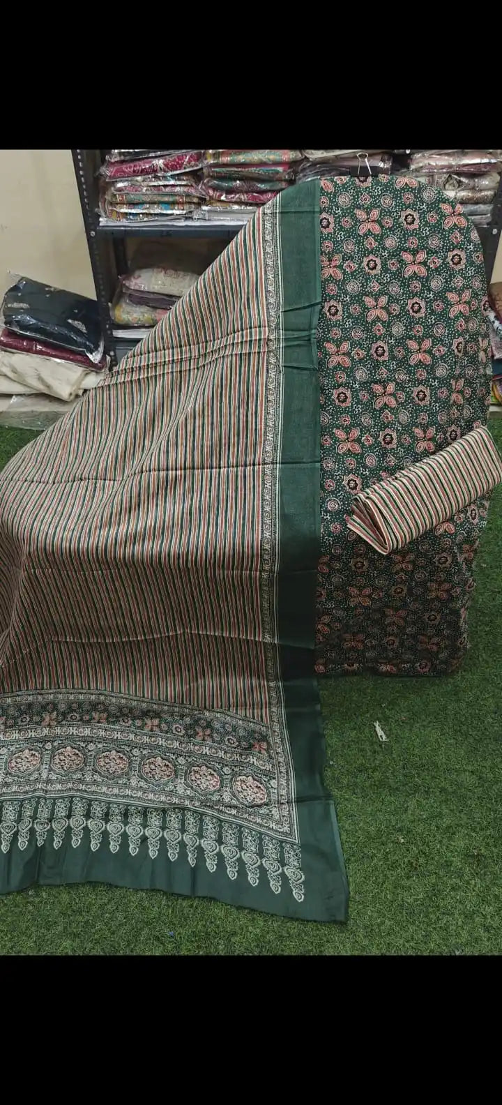 Forest Green Ajrakh Handblock Dress Material  ASC Fashion Store