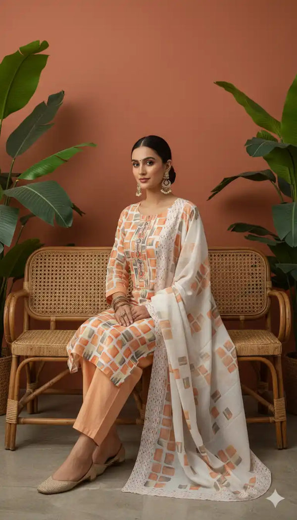 Readymade Block Print Cotton Suit With Cotton Dupatta