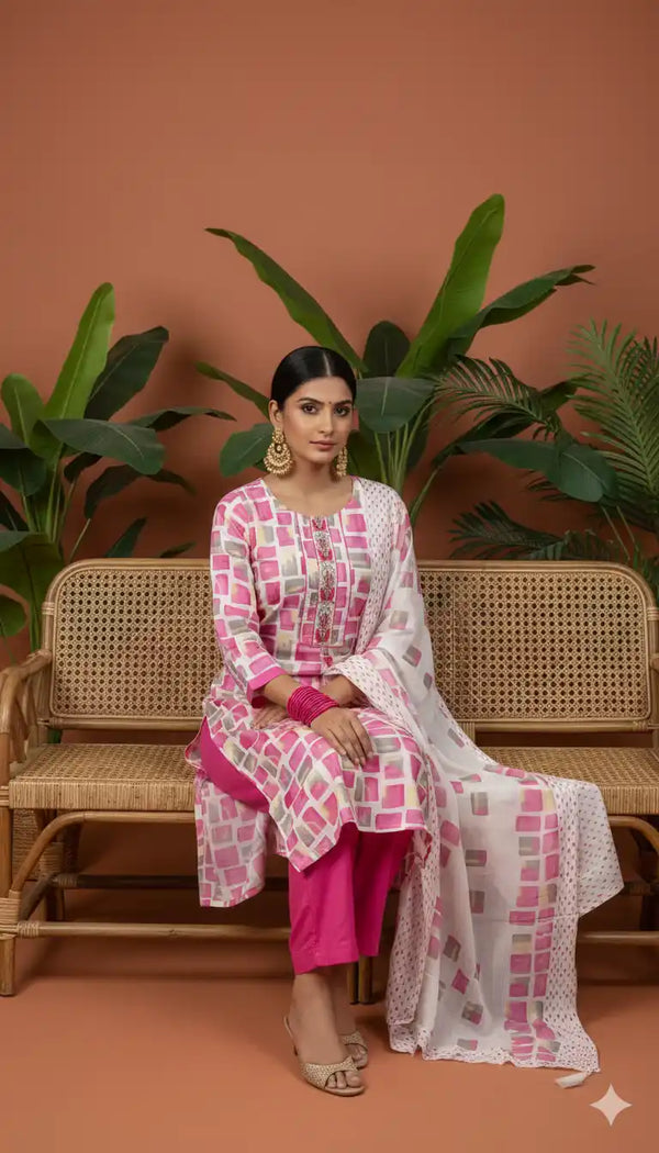 Readymade Block Print Cotton Suit With Cotton Dupatta