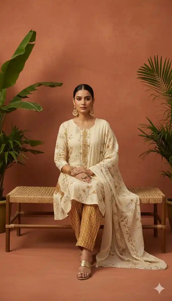 Cream Embroidered Cotton Suit Set - ASC Fashion Store