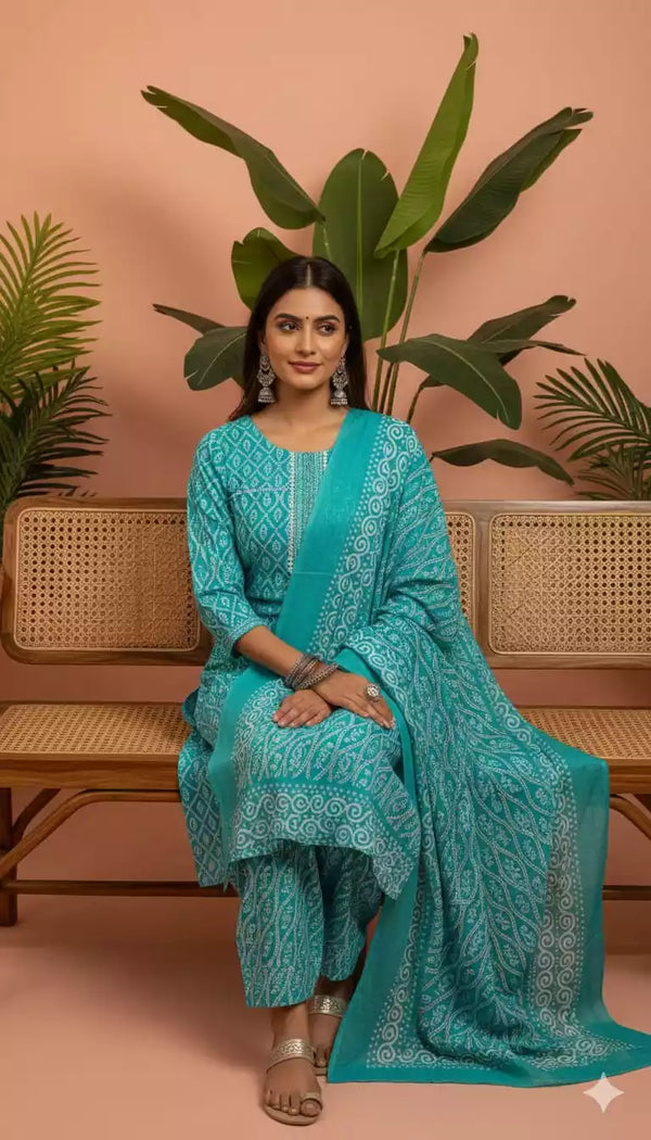 Readymade Block Print Cotton Suit With Cotton Dupatta