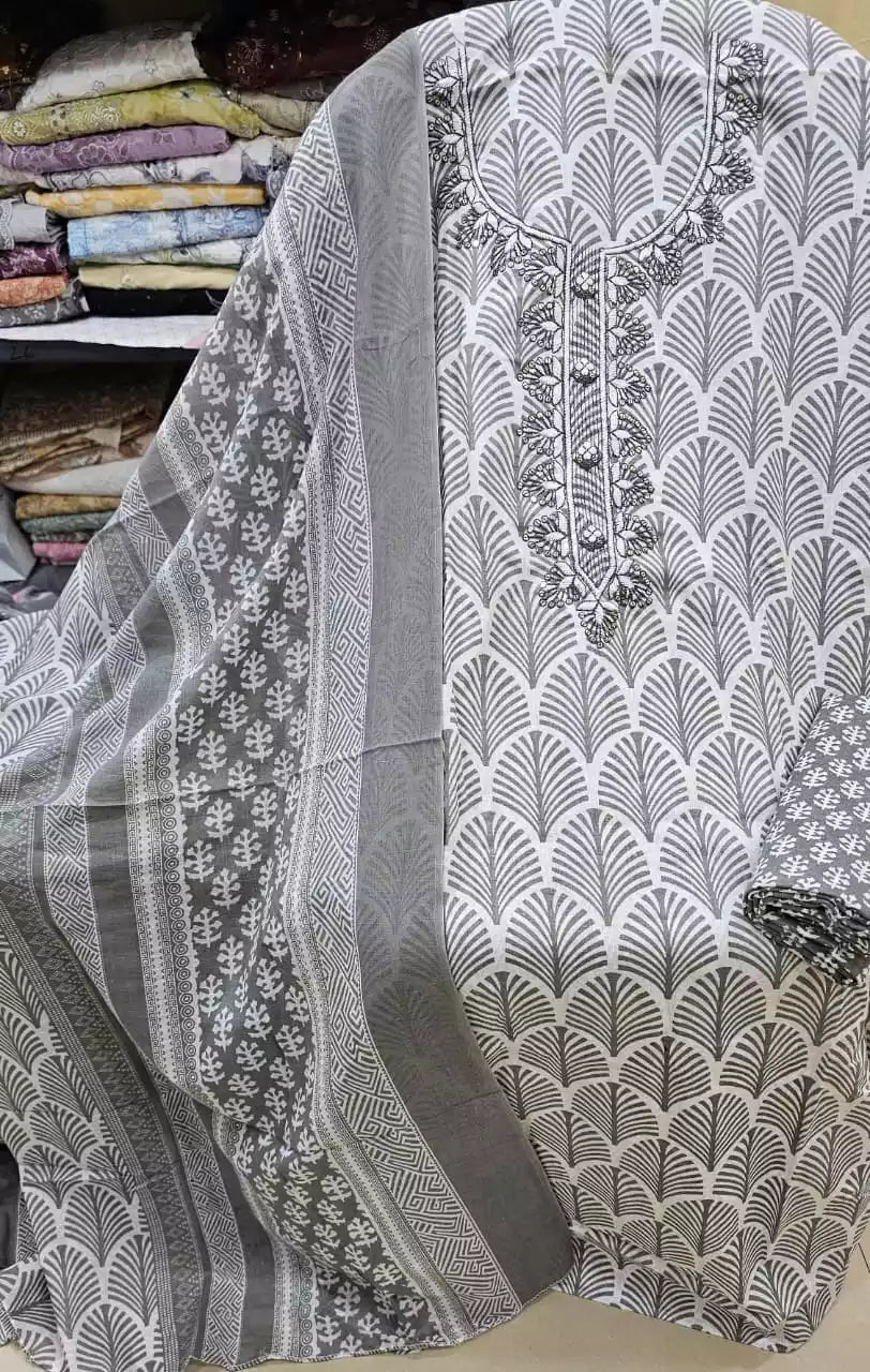 Ash Grey Leaf Print Cotton Suit ASC Fashion Store
