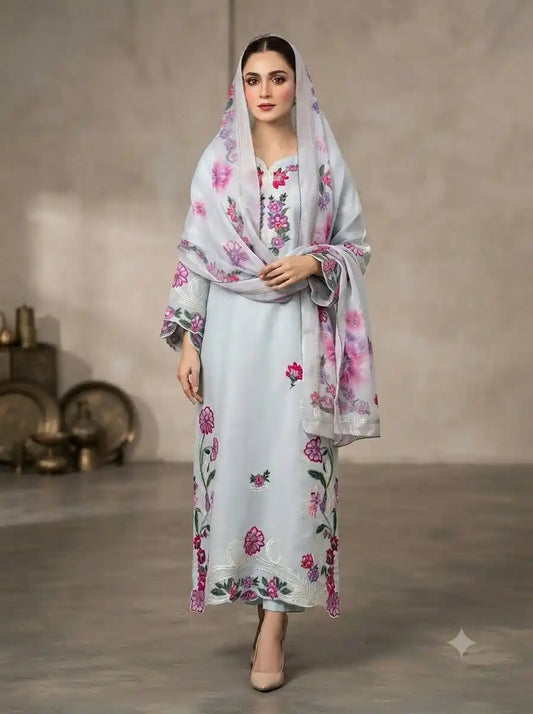Light Blue Floral Embroidered Straight Suit Set with Printed Dupatta - ASC Fashion Store