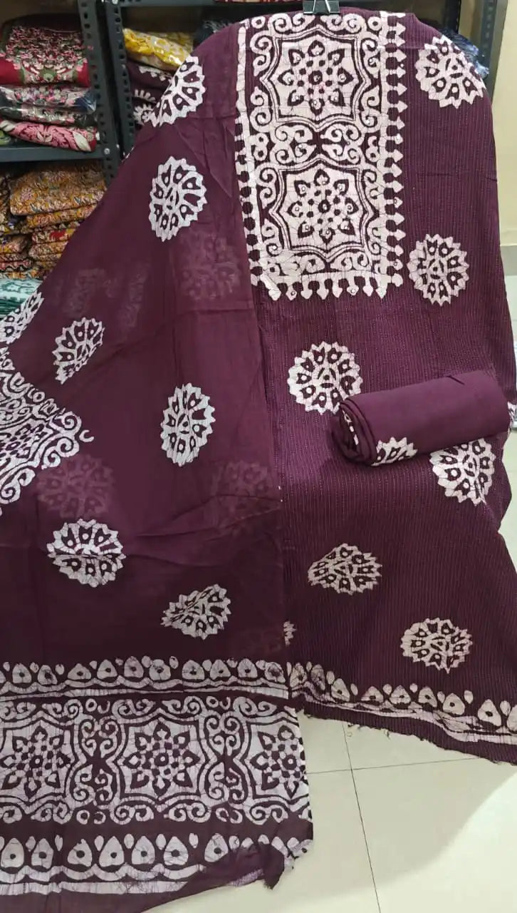 Rich plum purple unstitched cotton batik suit with a large square neck panel design and matching dupatta by ASC Fashion Store.