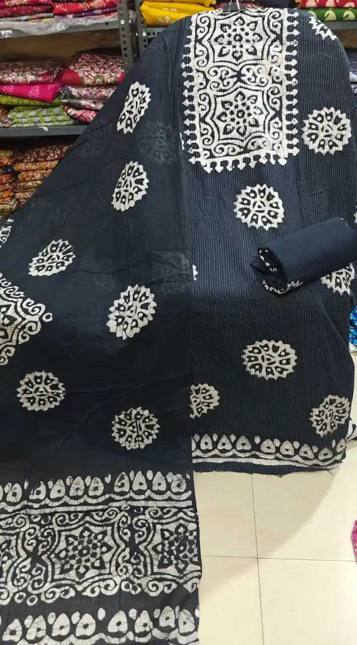 Classic midnight black unstitched cotton batik fabric featuring a detailed white square neck patch layout from ASC Fashion Store.