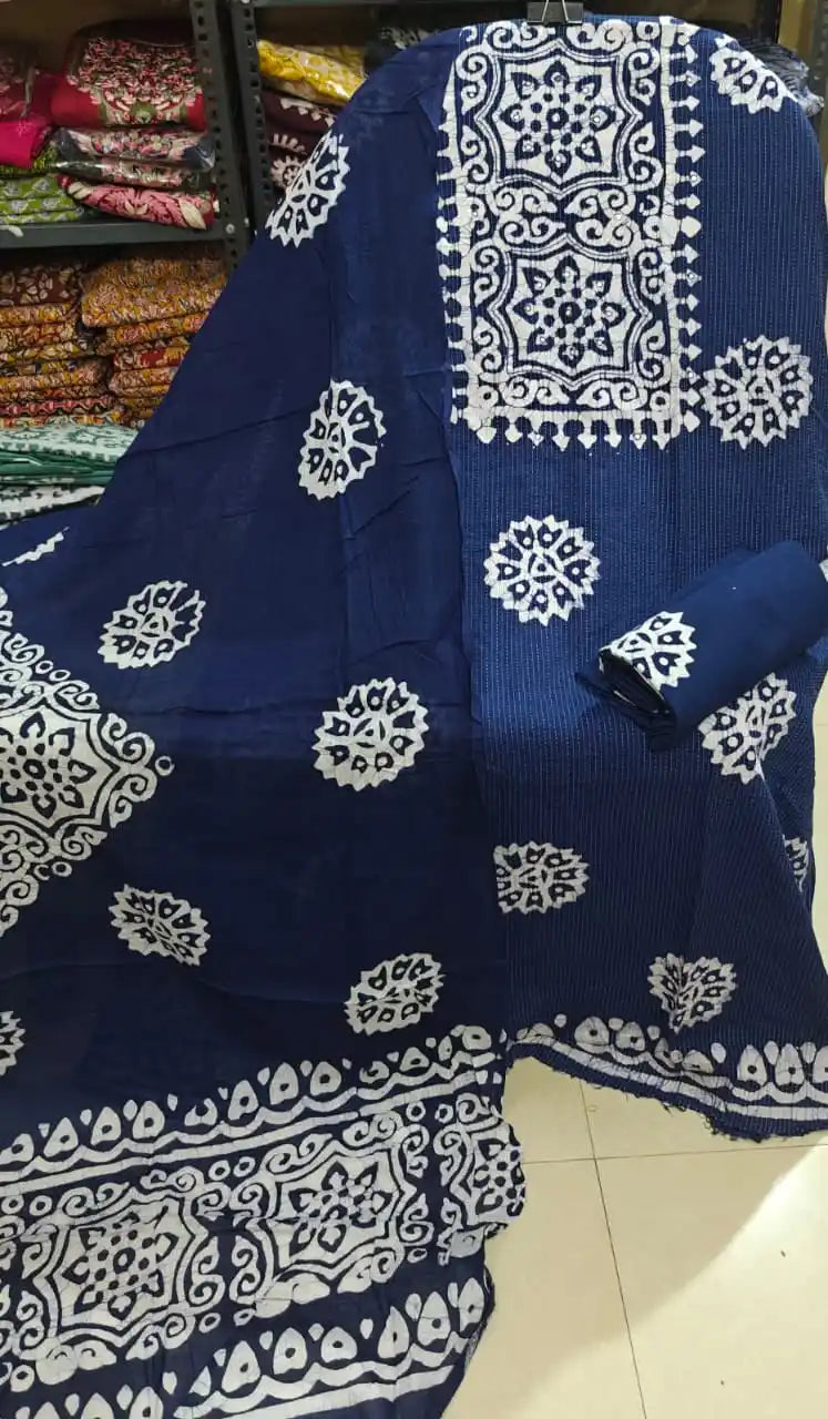 Vibrant indigo blue unstitched ladies batik dress material set with traditional square neck art by ASC Fashion Store.