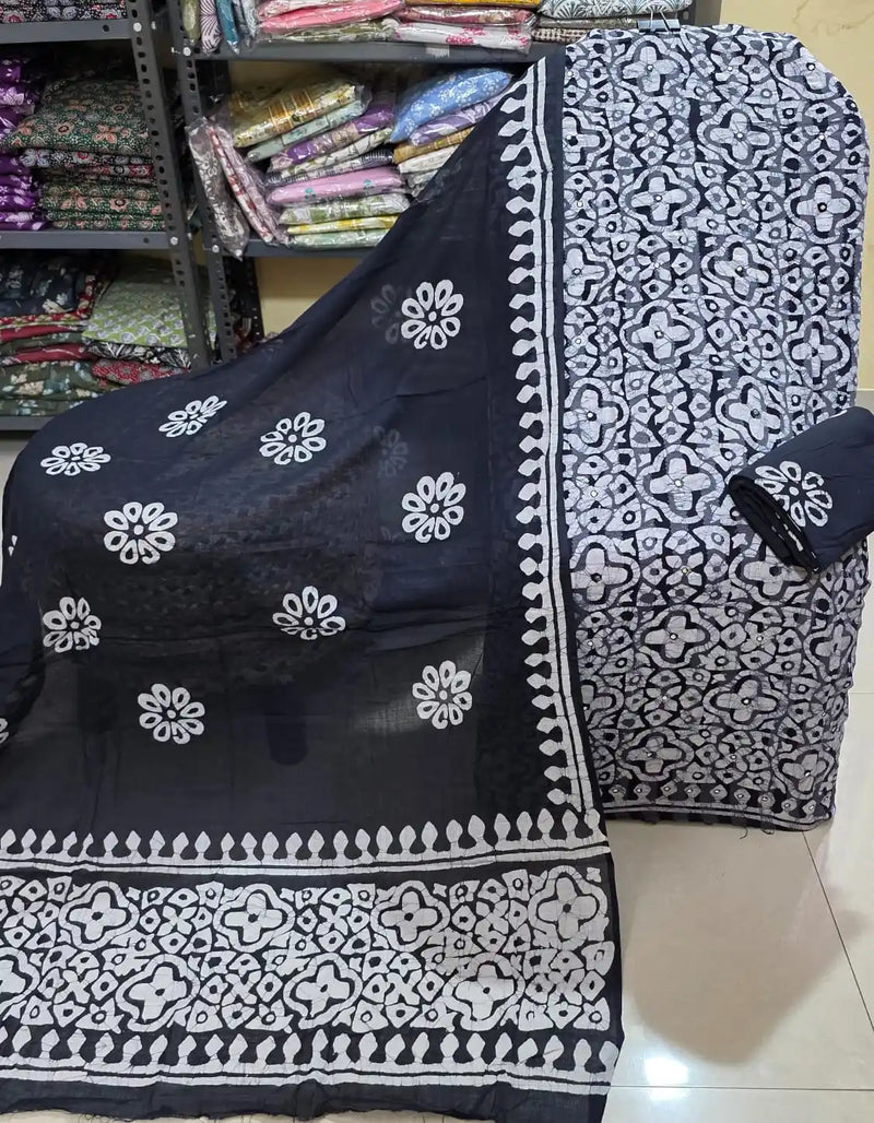 Black Floral Batik Cotton Suit By ASC