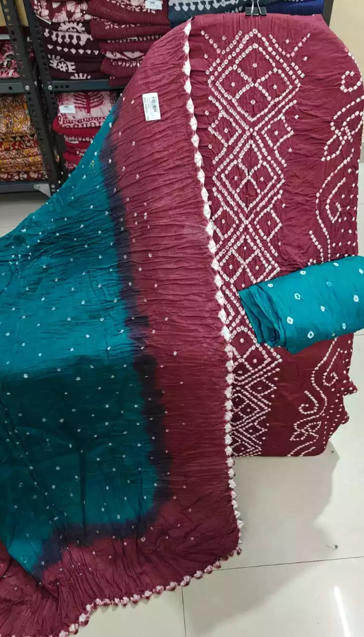 Premium Soft Satin Cotton Bandhej Shibori Tie & Dye Suit with Cotton Bandhej Bottom, Soft Cotton Bandhej Dupatta & Brocade Buta Work