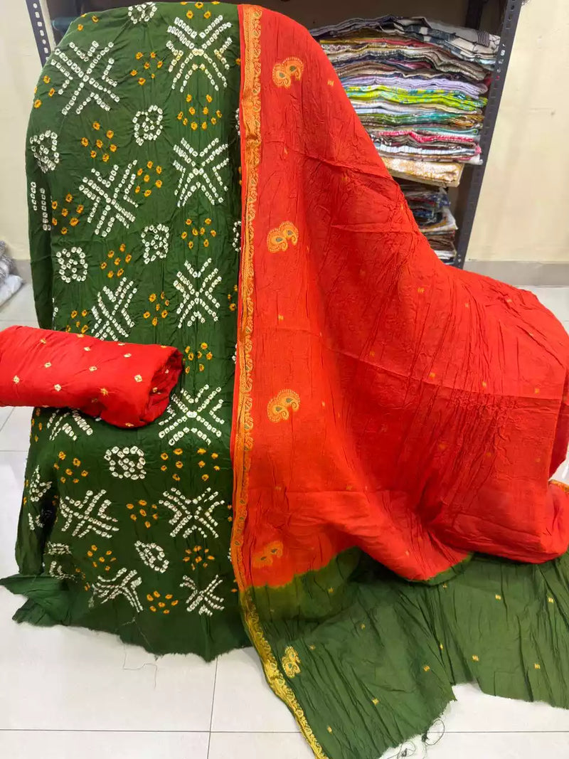 Premium Soft Satin Cotton Bandhej Shibori Tie & Dye Suit with Cotton Bandhej Bottom, Soft Cotton Bandhej Dupatta & Brocade Buta Work