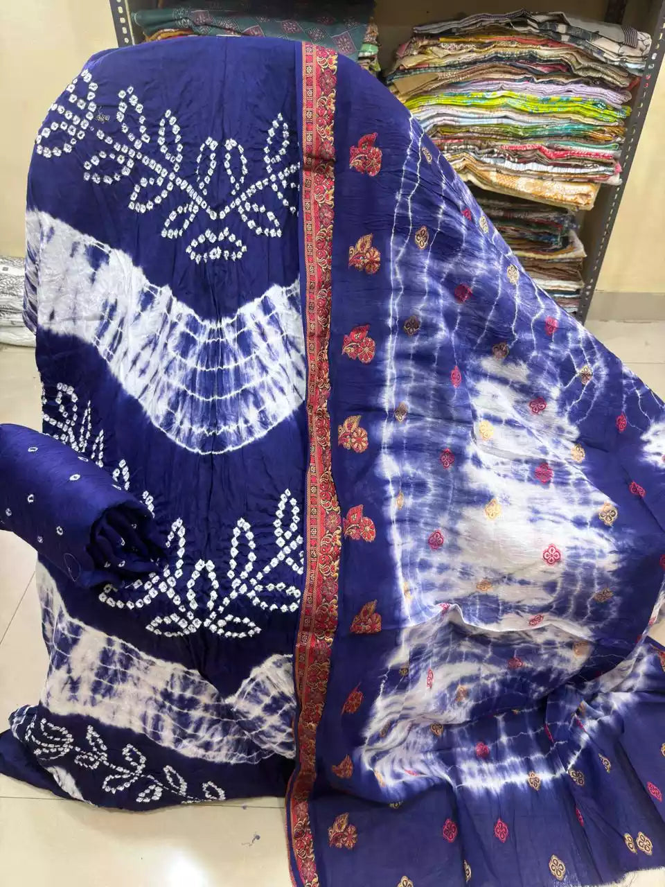 Premium Soft Satin Cotton Bandhej Shibori Tie & Dye Suit with Cotton Bandhej Bottom, Soft Cotton Bandhej Dupatta & Brocade Buta Work