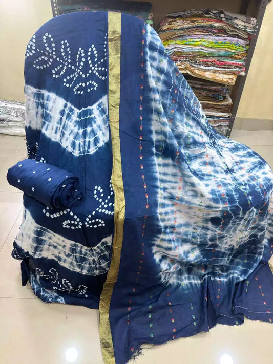 Premium Soft Satin Cotton Bandhej Shibori Tie & Dye Suit with Cotton Bandhej Bottom, Soft Cotton Bandhej Dupatta & Brocade Buta Work