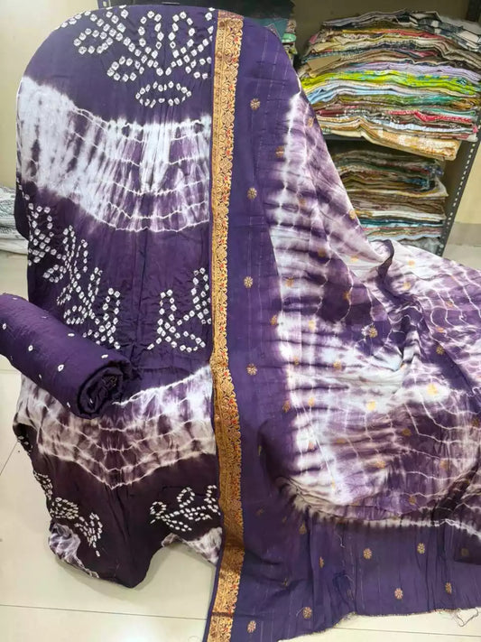 Premium Soft Satin Cotton Bandhej Shibori Tie & Dye Suit with Cotton Bandhej Bottom, Soft Cotton Bandhej Dupatta & Brocade Buta Work