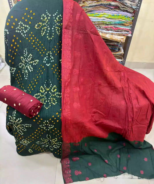 Premium Soft Satin Cotton Bandhej Shibori Tie & Dye Suit with Cotton Bandhej Bottom, Soft Cotton Bandhej Dupatta & Brocade Buta Work