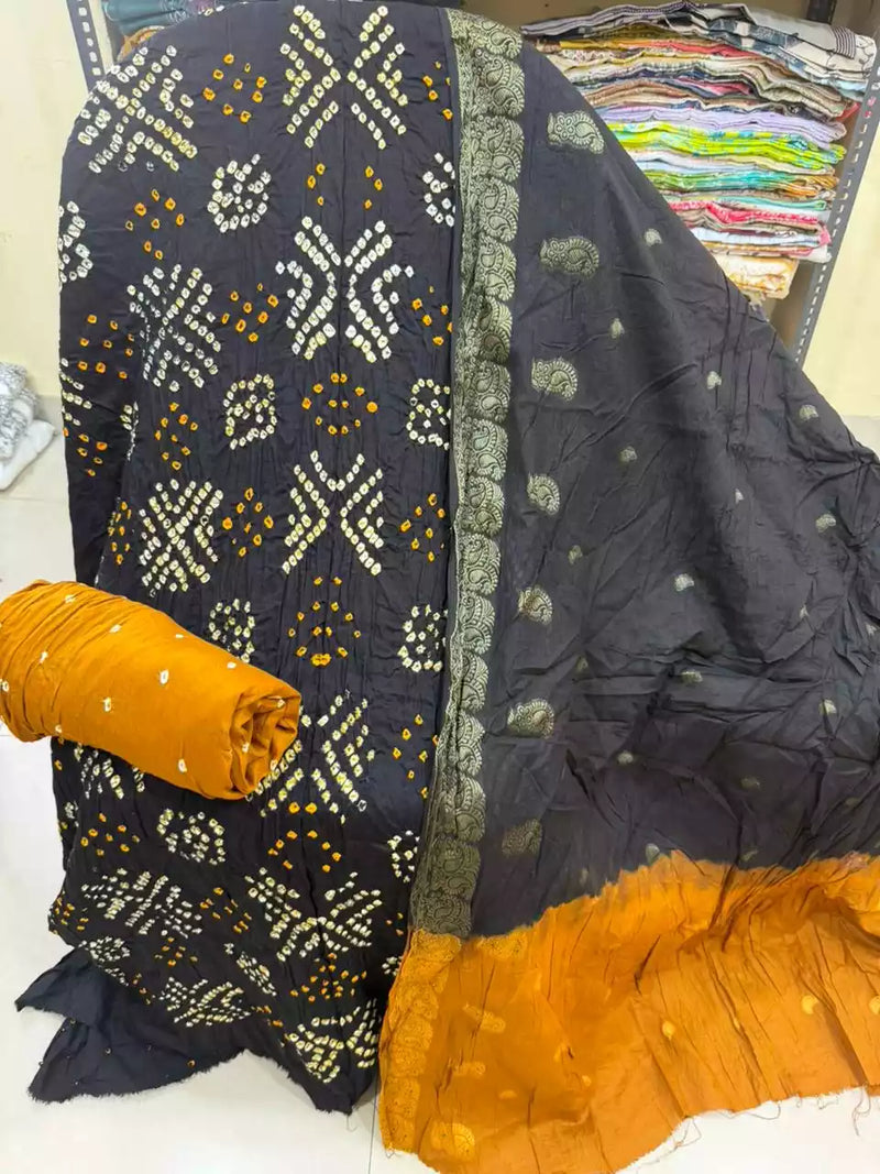 Premium Soft Satin Cotton Bandhej Shibori Tie & Dye Suit with Cotton Bandhej Bottom, Soft Cotton Bandhej Dupatta & Brocade Buta Work