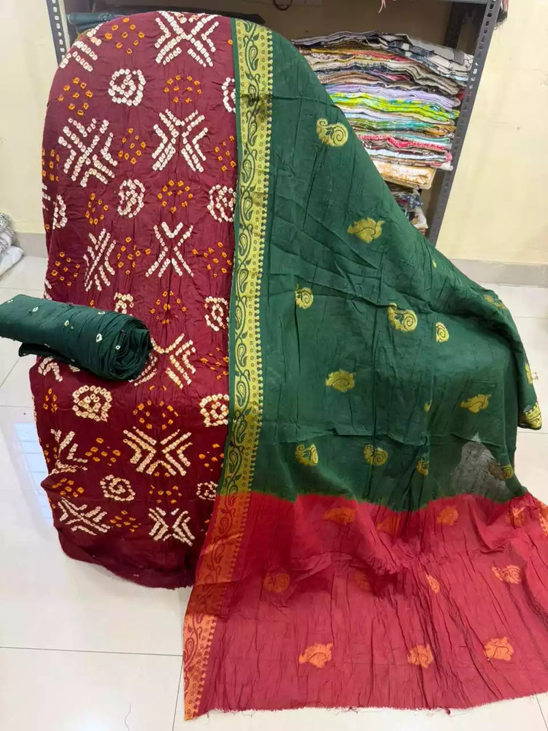 Premium Soft Satin Cotton Bandhej Shibori Tie & Dye Suit with Cotton Bandhej Bottom, Soft Cotton Bandhej Dupatta & Brocade Buta Work