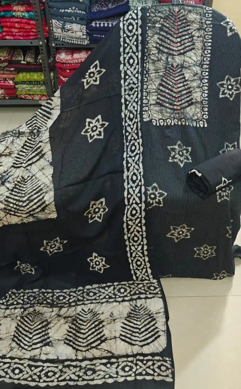 Premium black unstitched cotton batik suit material set with white geometric patterns and matching dupatta by ASC Fashion Store.