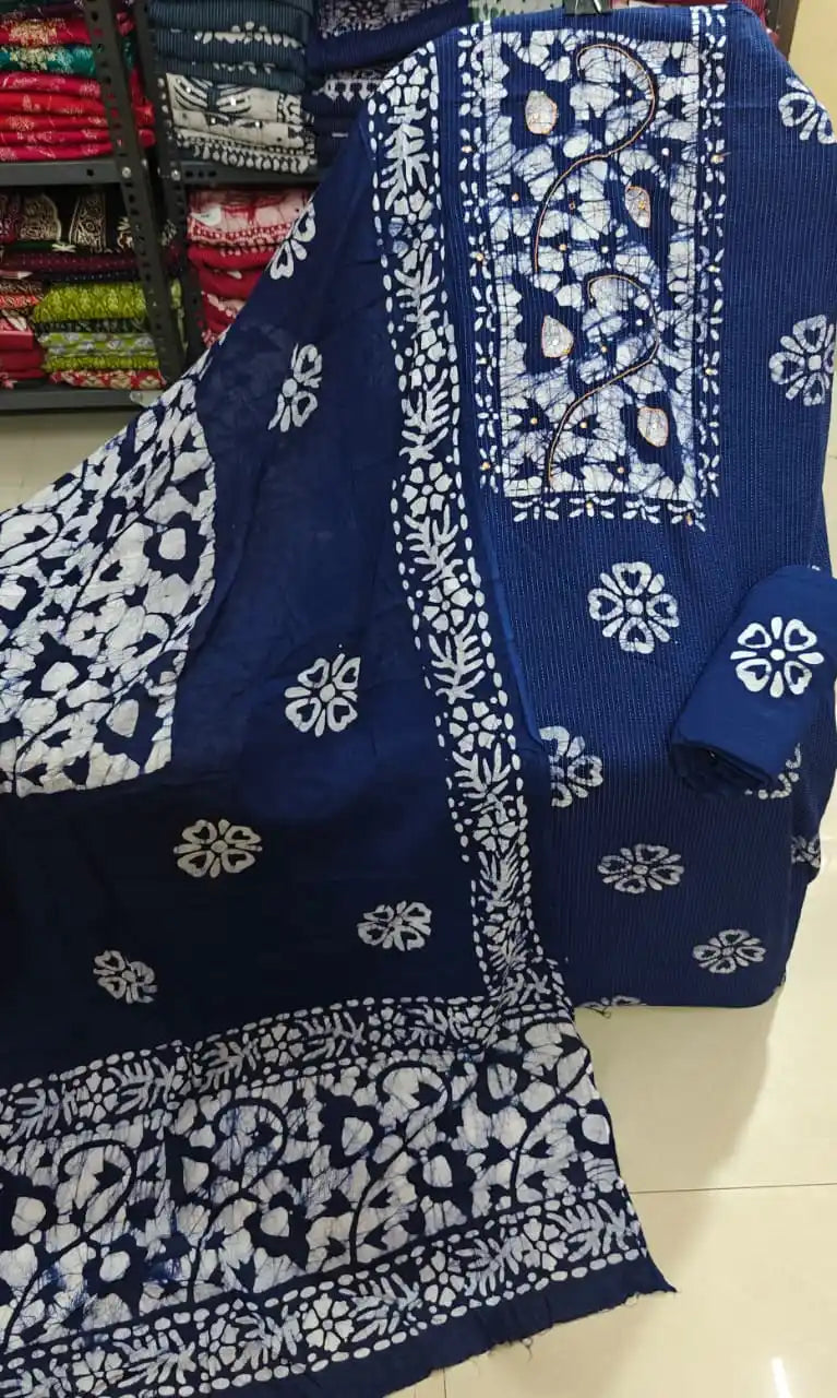 Indigo blue unstitched cotton batik suit material featuring an embroidered mirror-work neck panel and floral print dupatta by ASC Fashion Store.